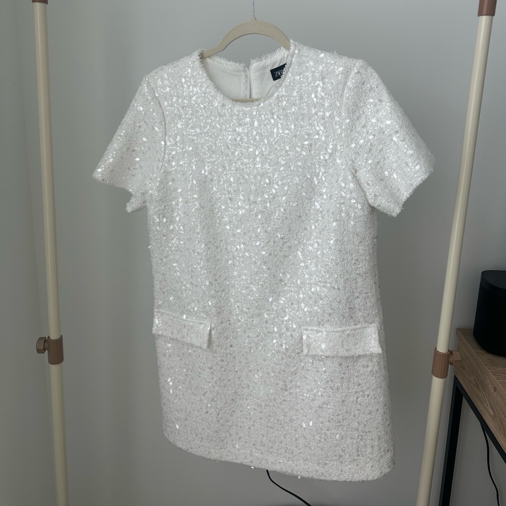 Zara White Textured Sequin Dress